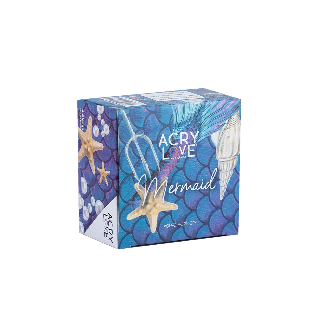 acry love Colección Mermaid 4 unid polvos acrilicos para uñas, mia secret, cherimoya, masglo, organic nails