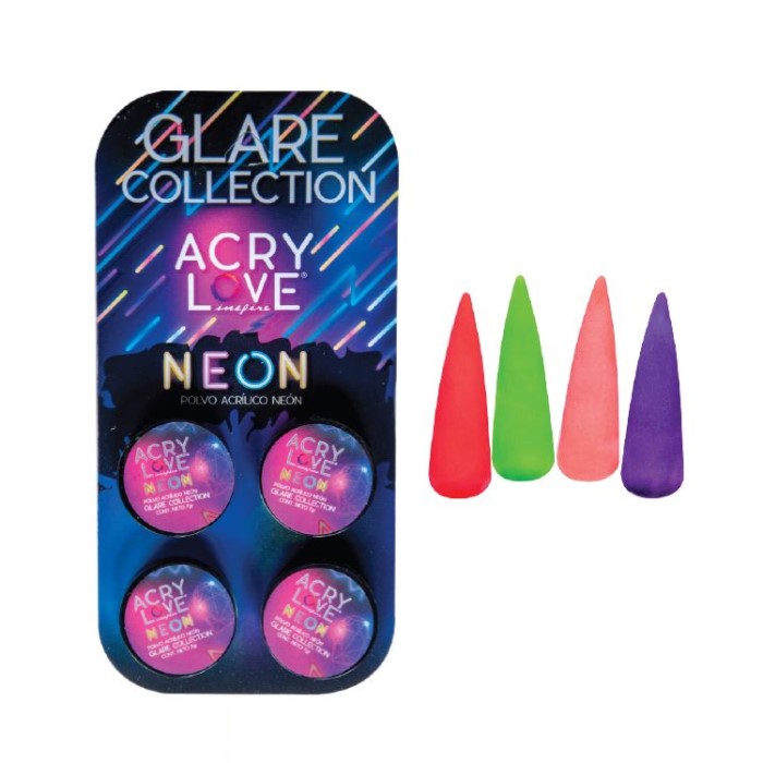 Acry Love Collection Neon 4 piezas polvo acrilico para uñas, mia secret, cherimoya, legacy nails